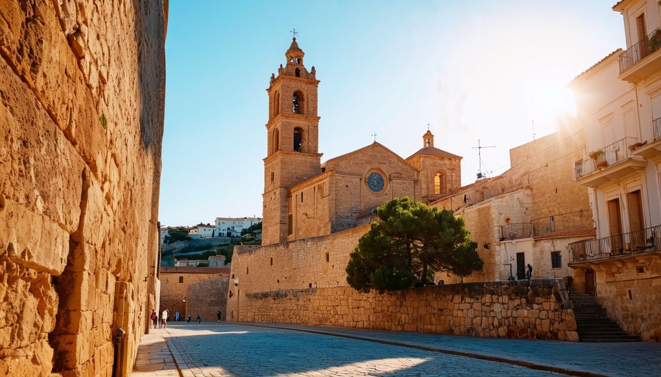 The Alghero's Cathedral overlooks the ancient walls in the historic center.