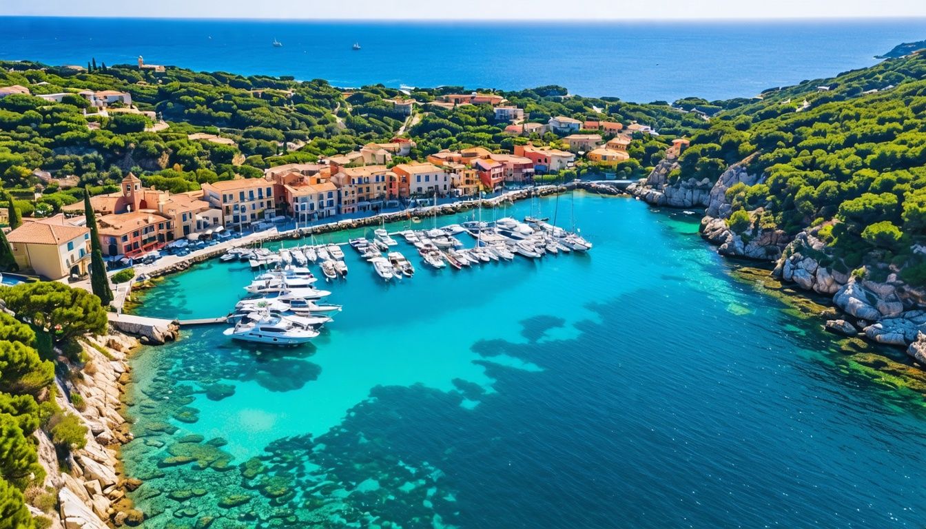 Aerial view of Porto Cervo marina in Sardinia with clear turquoise waters.